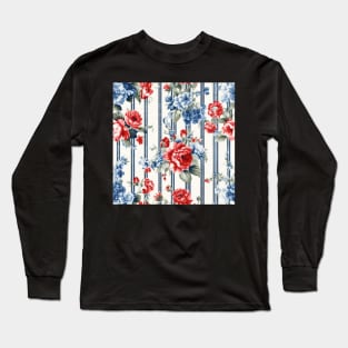 Red White and Blue Patriotic Shabby Floral Long Sleeve T-Shirt